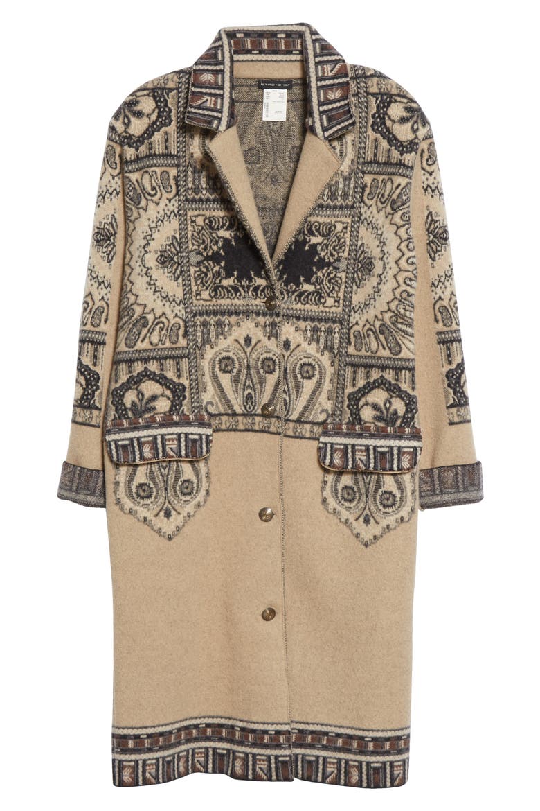 Print Wool Three-Quarter Coat, Alternate, color, BEIGE