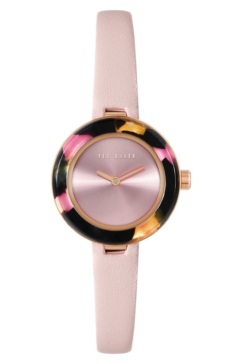 Lenara Leather Strap Watch, 28mm, Main, color, PINK