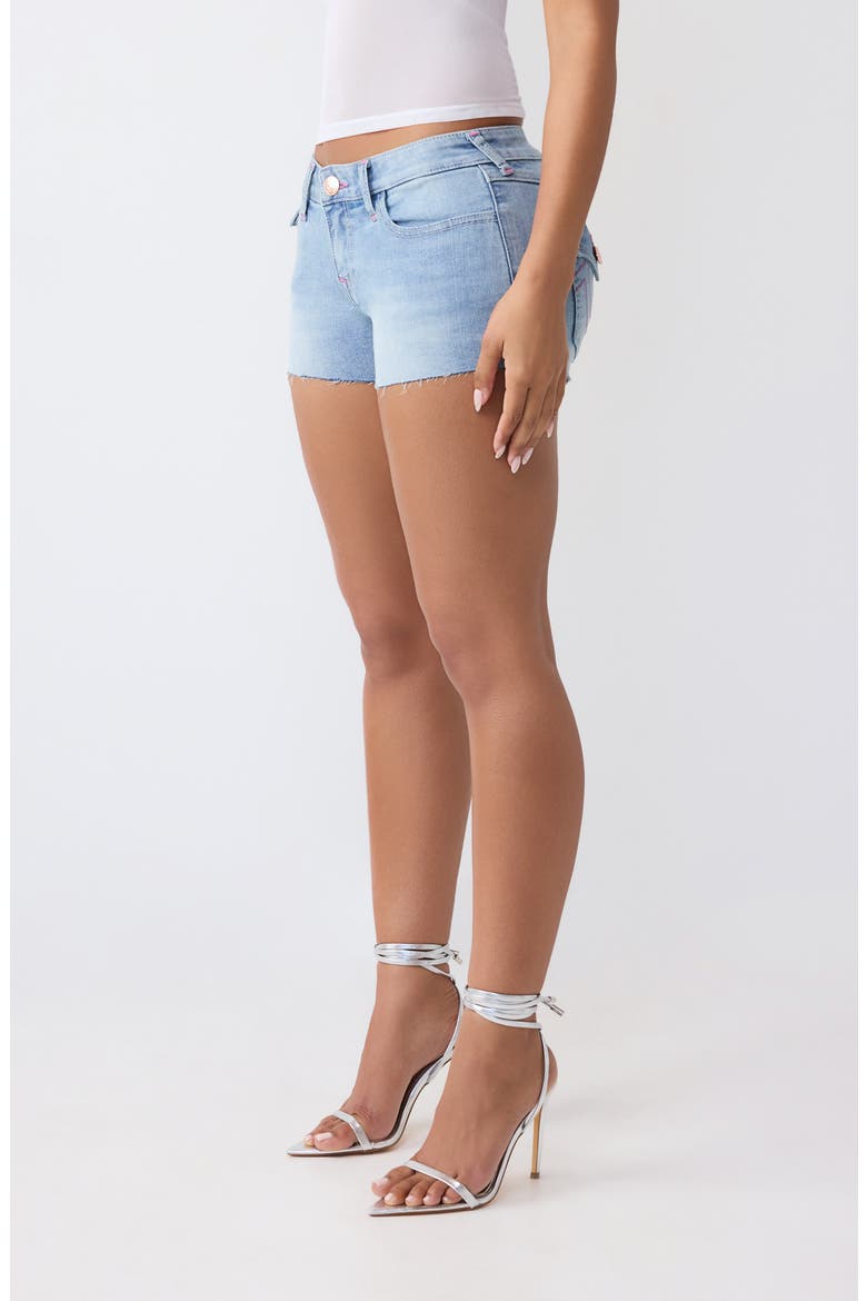Joey Low Rise Flap Shorts, Alternate, color, LIGHT BLUE SUEDE WASH