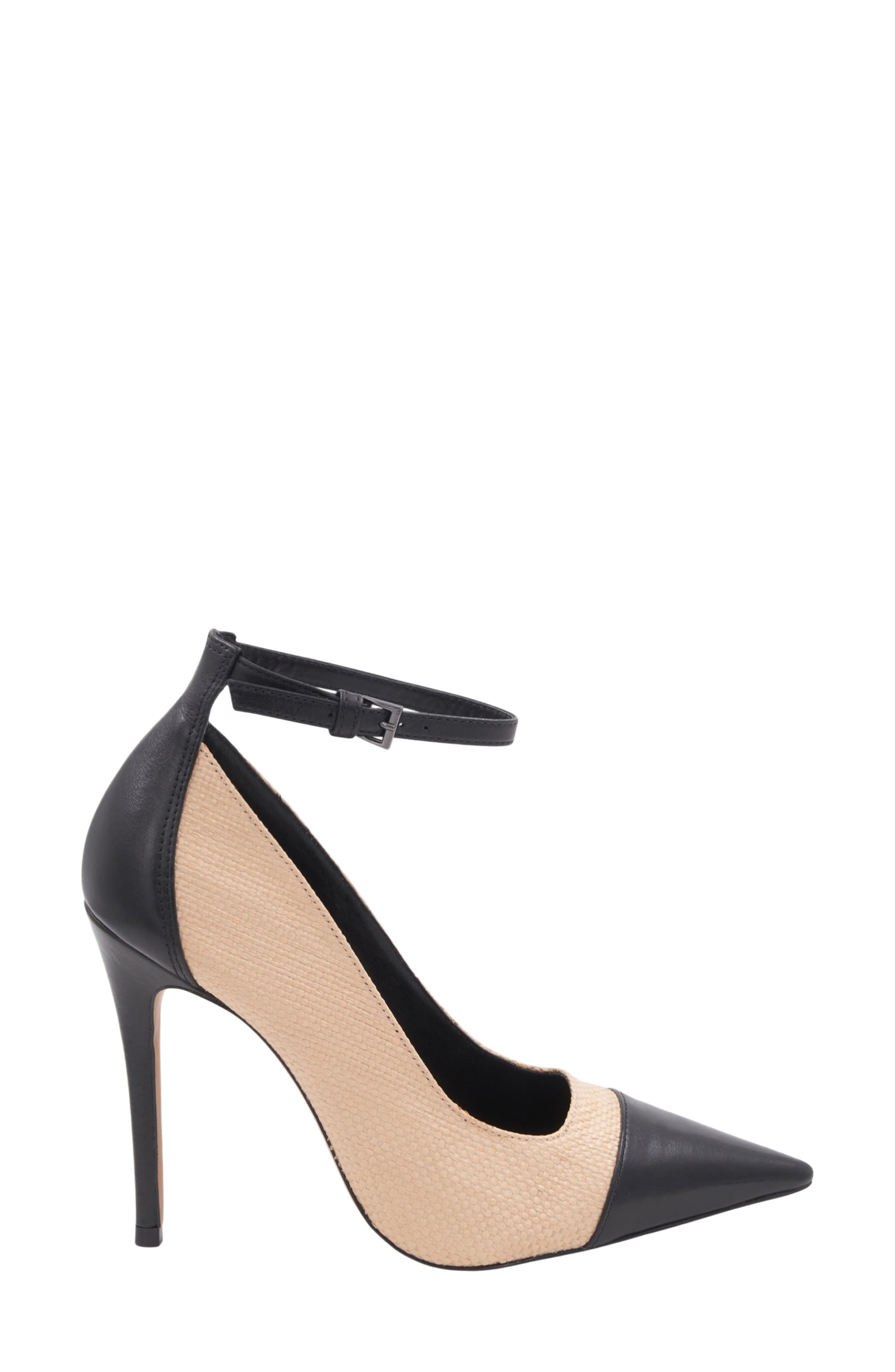 Isa Ankle Strap Pointed Toe Pump, Alternate, color, NATURAL/ BLACK