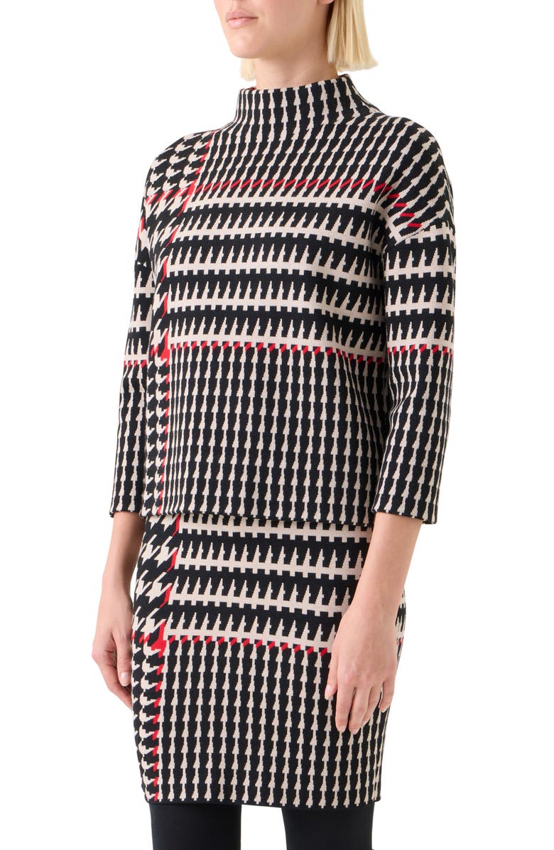 Akris punto Mixed Houndstooth Check Stretch Virgin Wool Sweater, Alternate, color, Black-Cream-Vermillion