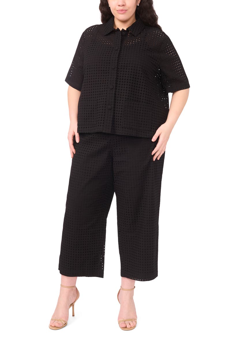 Eyelet Short Sleeve Button-Up Shirt, Alternate, color, RICH BLACK 060