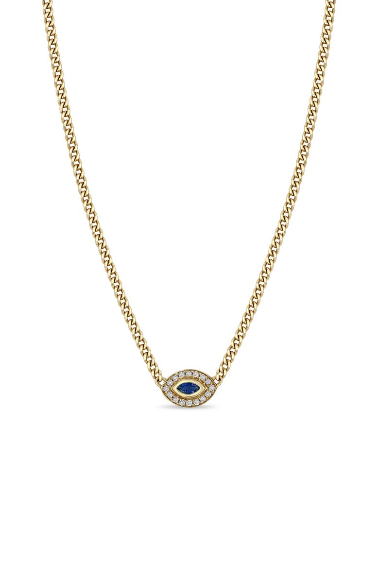 Zoë Chicco XS Curb Chain Marquise Blue Sapphire Halo Necklace, Main, color, 