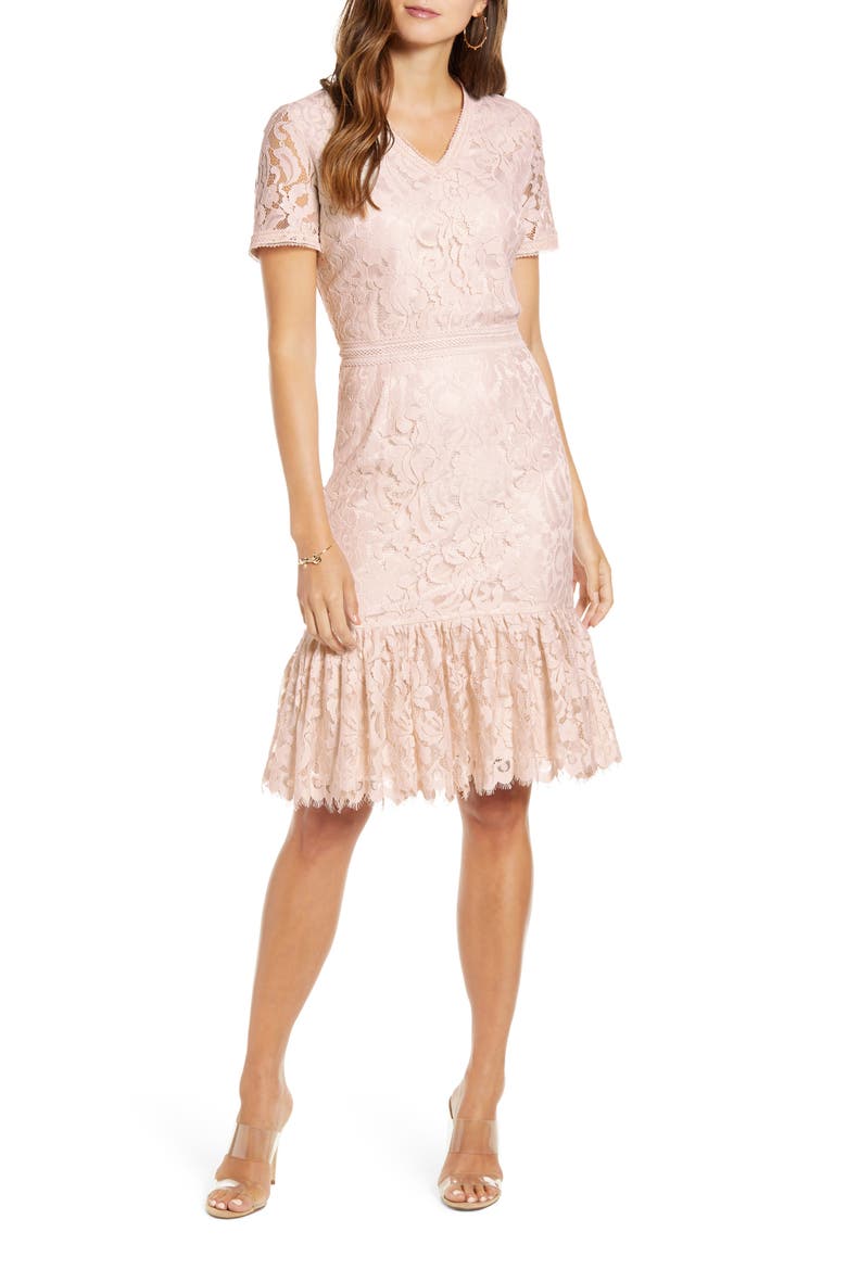 Lace Ruffle Hem Dress, Main, color, PINK PARCHMENT