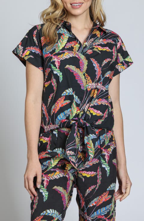 Leaf Print Tie Waist Cotton Camp Shirt