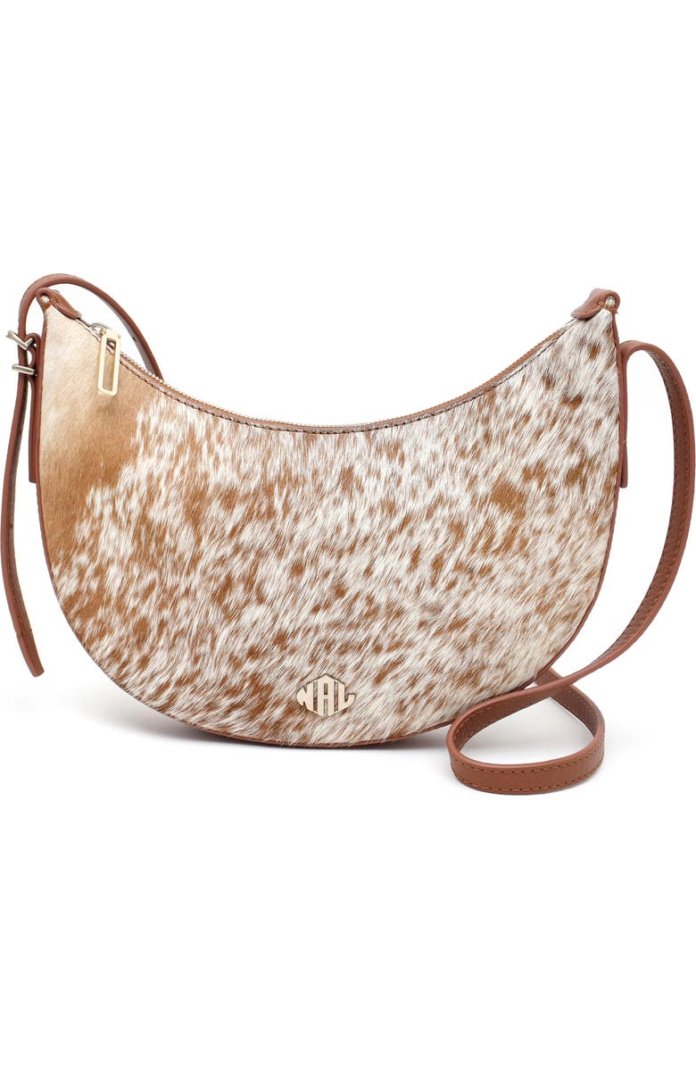 New Amsterdam Leatherworks Silas Genuine Calf Hair Saddle Bag, Main, color, Chestnut/ Ivory