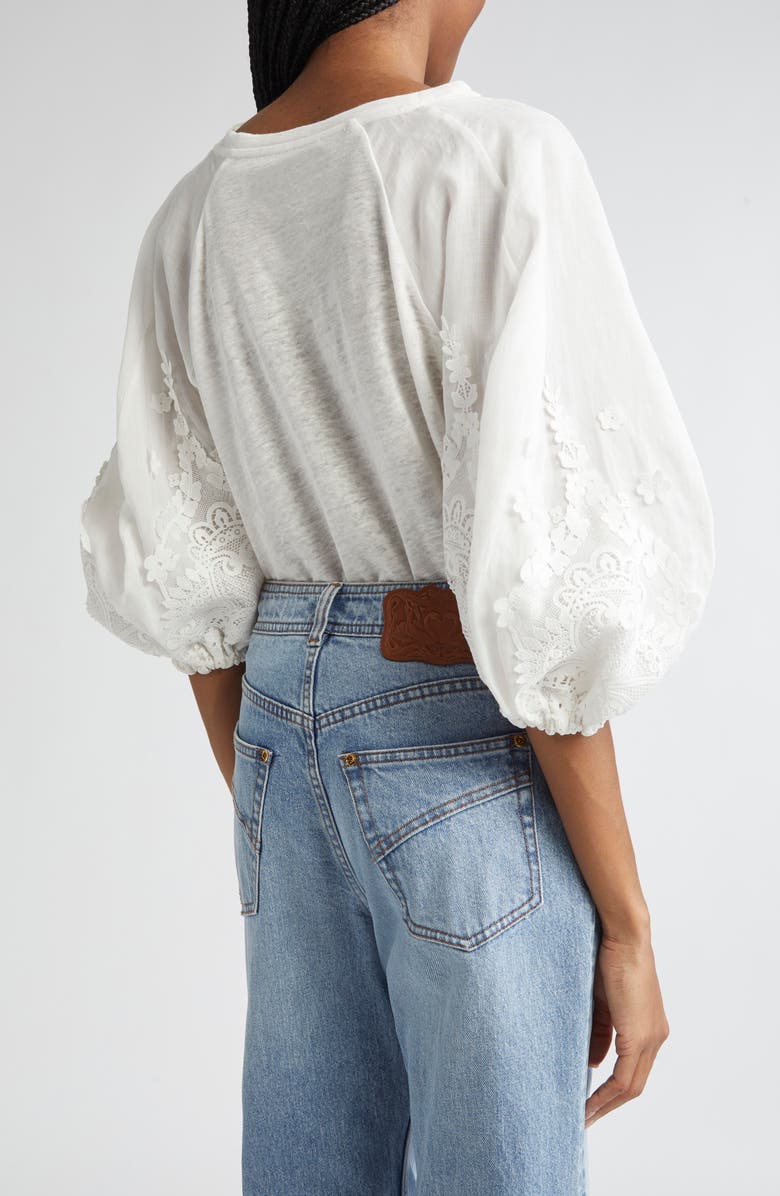 Zimmermann Lace Appliqué Lantern Sleeve Linen T-Shirt, Alternate, color, Ivory