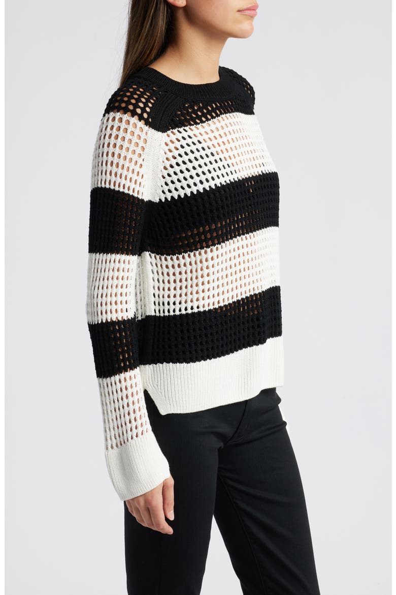 Paloma Stripe Open Stitch Crewneck Sweater, Alternate, color, BLACK/ WHITE
