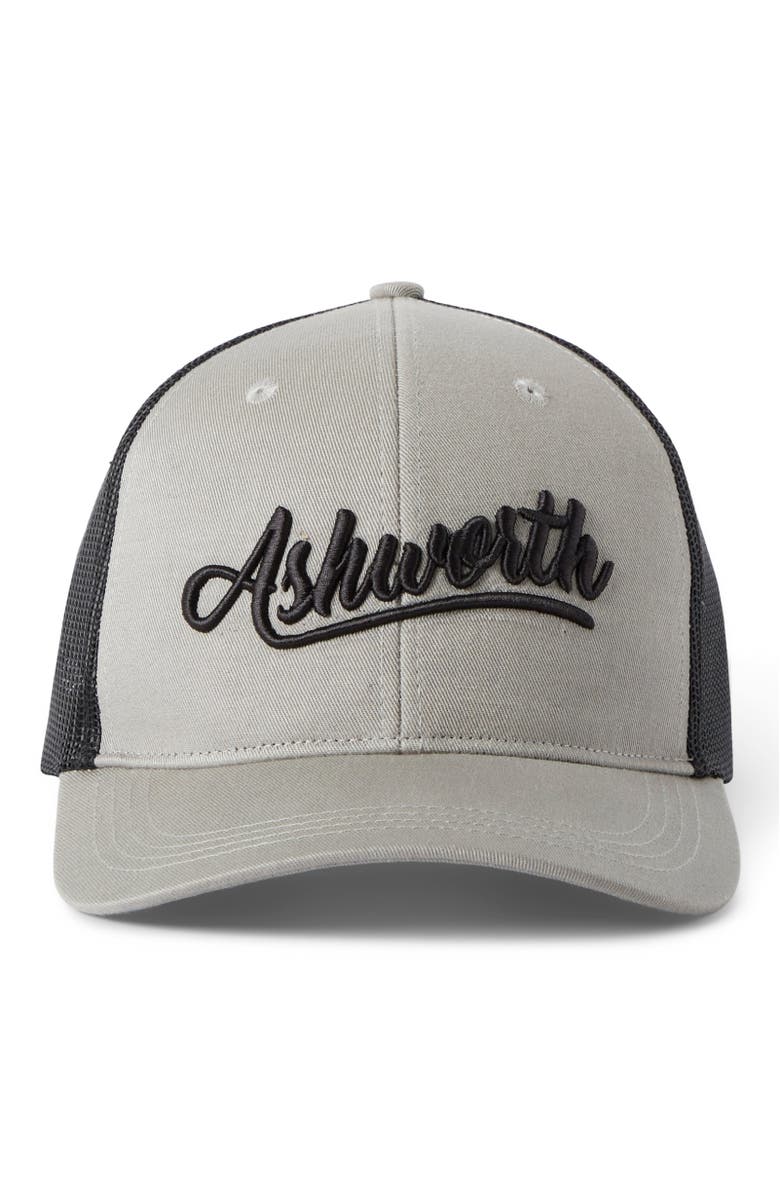 ASHWORTH GOLF Retro Script Meshback Trucker, Main, color, Grey/Black