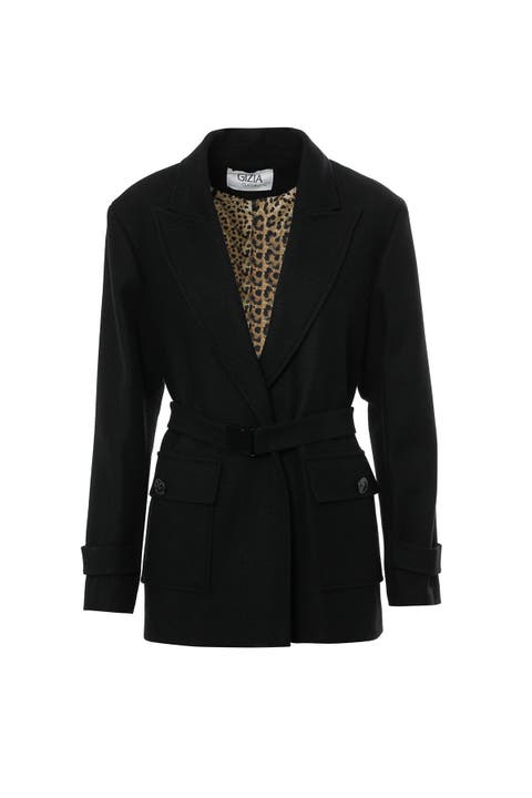 Double-Breasted Belted and Pocketed Black Jacket
