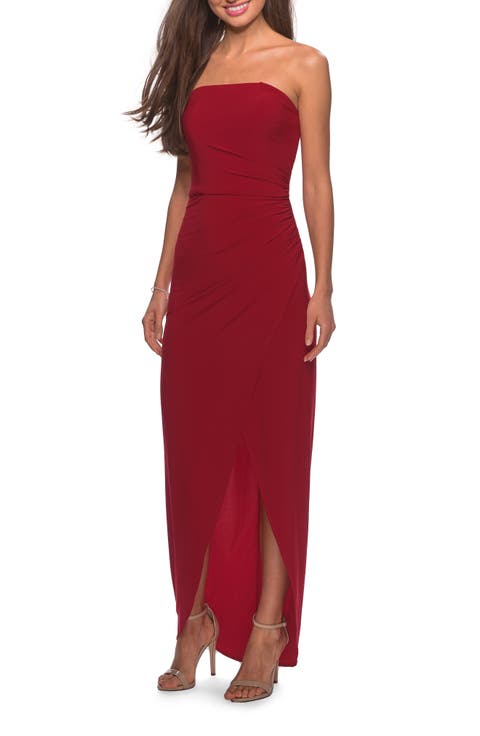 Long Strapless Jersey Dress with Side Ruching