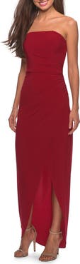 La Femme Long Strapless Jersey Dress with Side Ruching