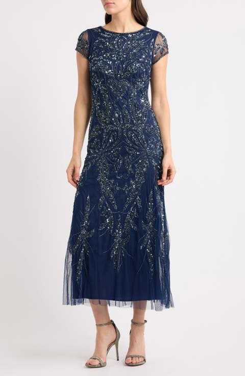 Beaded Mesh Midi Cocktail Dress
