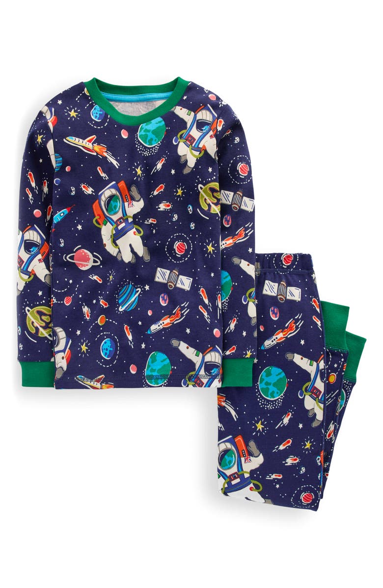 Boden Kids' Glow in the Dark Print Fitted Two-Piece Cotton Pajamas, Main, color, Medieval Blue Astro