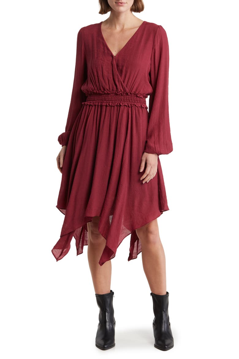 Long Sleeve Handkerchief Hem Dress, Main, color, WINE