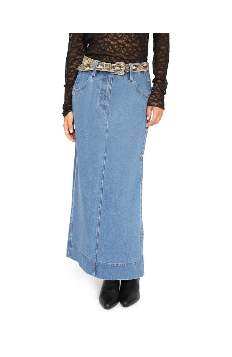 Belle & Bloom Edge Line Denim Maxi Skirt with Side Buttons, Alternate, color, Dark Blue