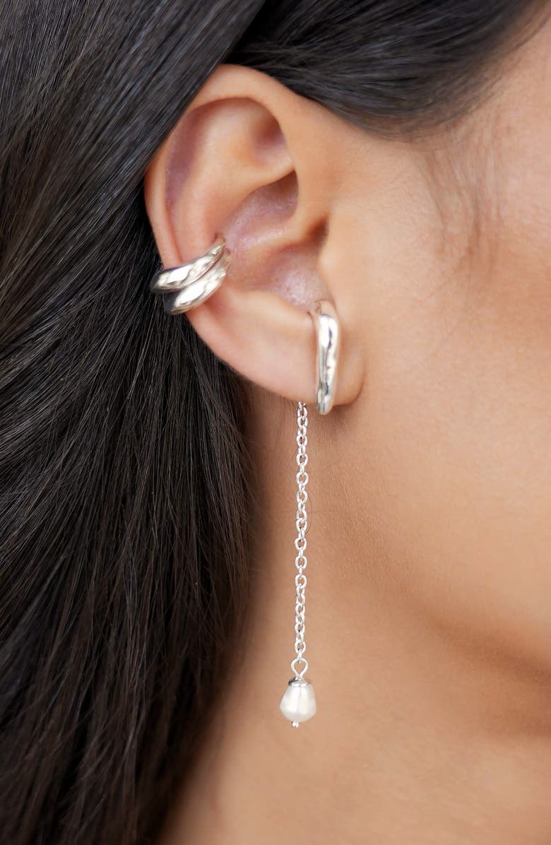 Ettika Linear Luxe Cultured Pearl Front/Back Earrings, Alternate, color, Silver