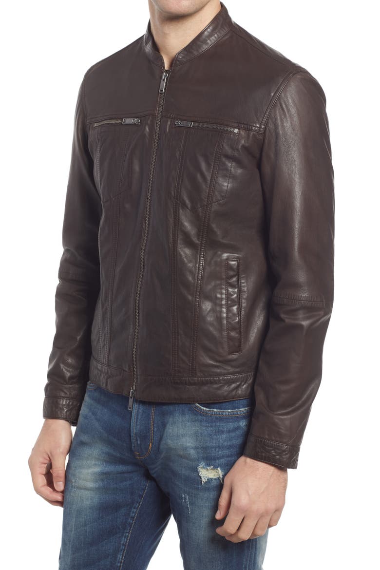 Band Collar Leather Jacket, Alternate, color, CHOCOLATE