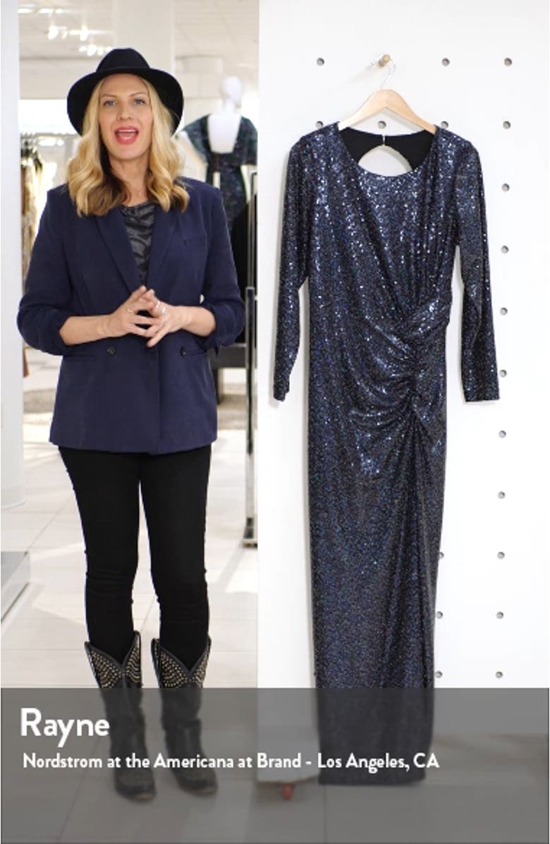 Xscape Kyhle Hologram Sequin Backless Long Sleeve Gown, sales video thumbnail