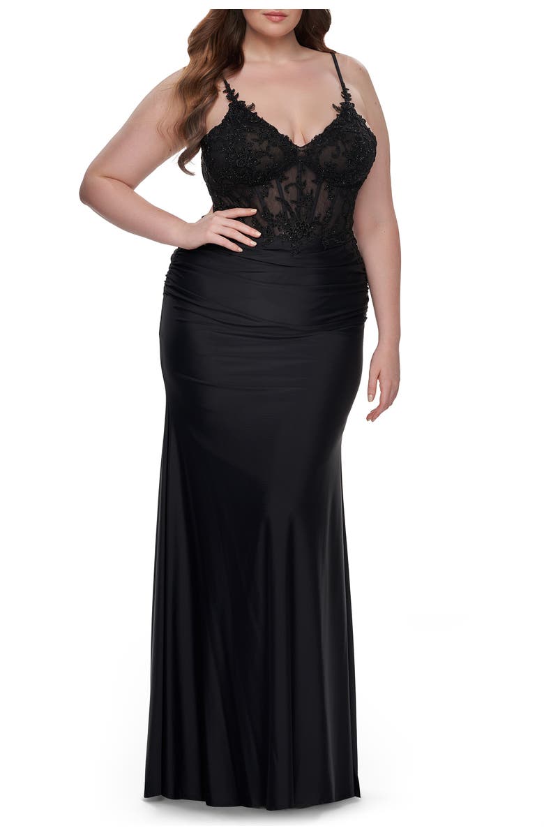 La Femme Long Plus Size Jersey Dress with Illusion Lace Bodice, Main, color, Black