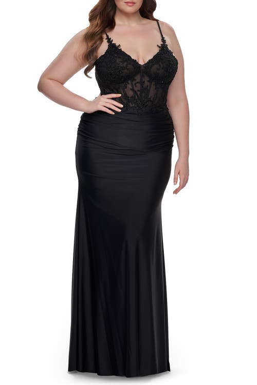 La Femme Long Plus Size Jersey Dress With Illusion Lace Bodice