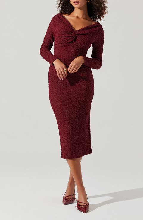 Textured Knot Front Off the Shoulder Long Sleeve Dress