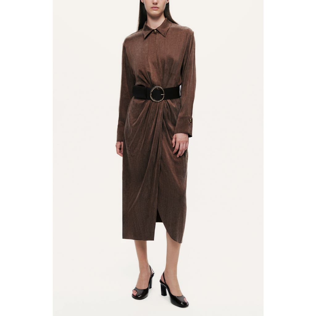 Nocturne Belted Draped Shirt-collar Maxi Dress In Brown