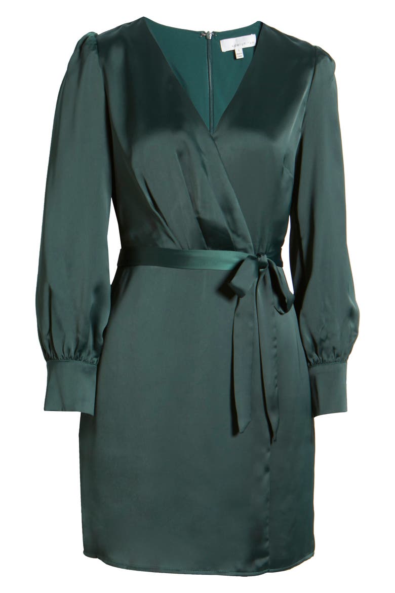 Matte Sateen Faux Wrap Long Sleeve Minidress, Alternate, color, FOREST GREEN