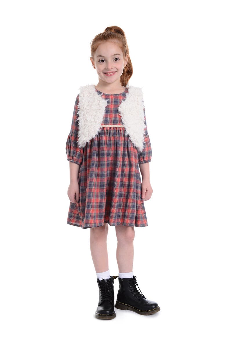 Pippa & Julie Plaid Dress & Faux Fur Vest 2-Piece Set, Main, color,