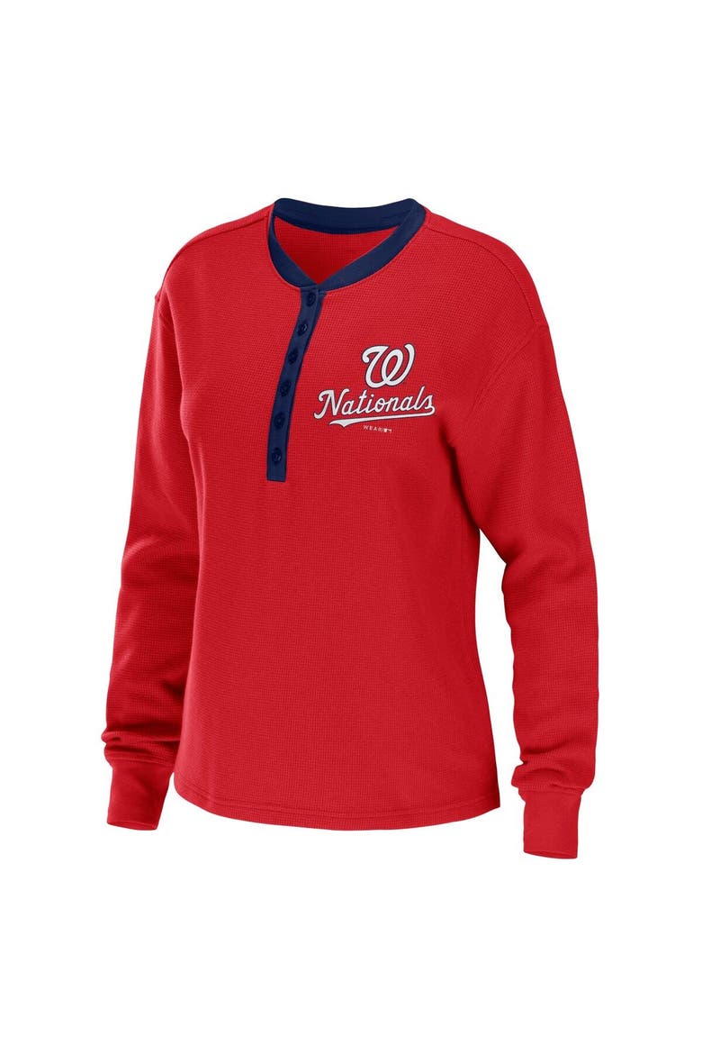 Women's WEAR by Erin Andrews Red Washington Nationals Waffle Henley Long Sleeve T-Shirt, Alternate, color, Red