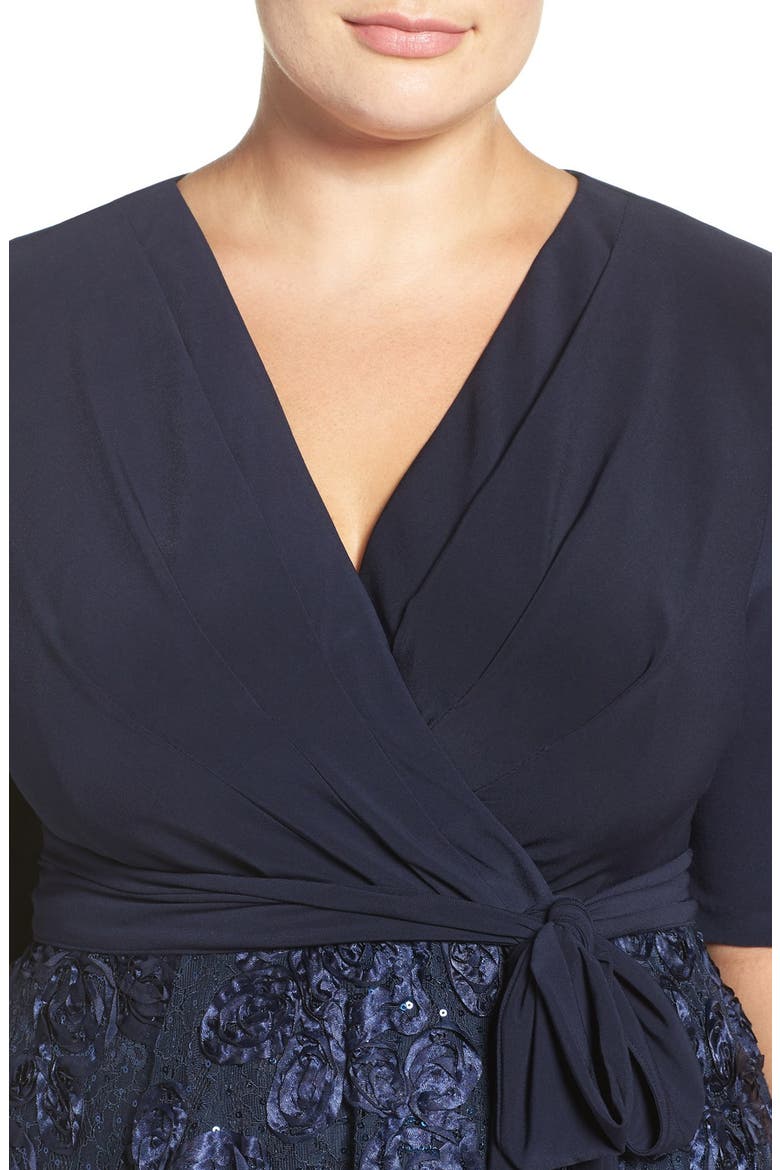 Tea Length Jersey & Rosette Lace Dress, Alternate, color, NAVY