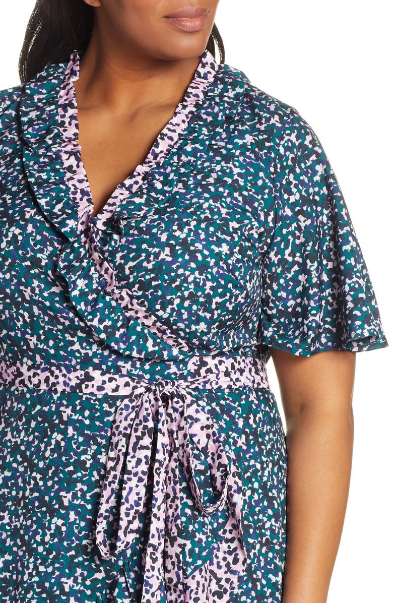 ELOQUII Contrast Ruffle Trim Wrap Dress, Alternate, color, 