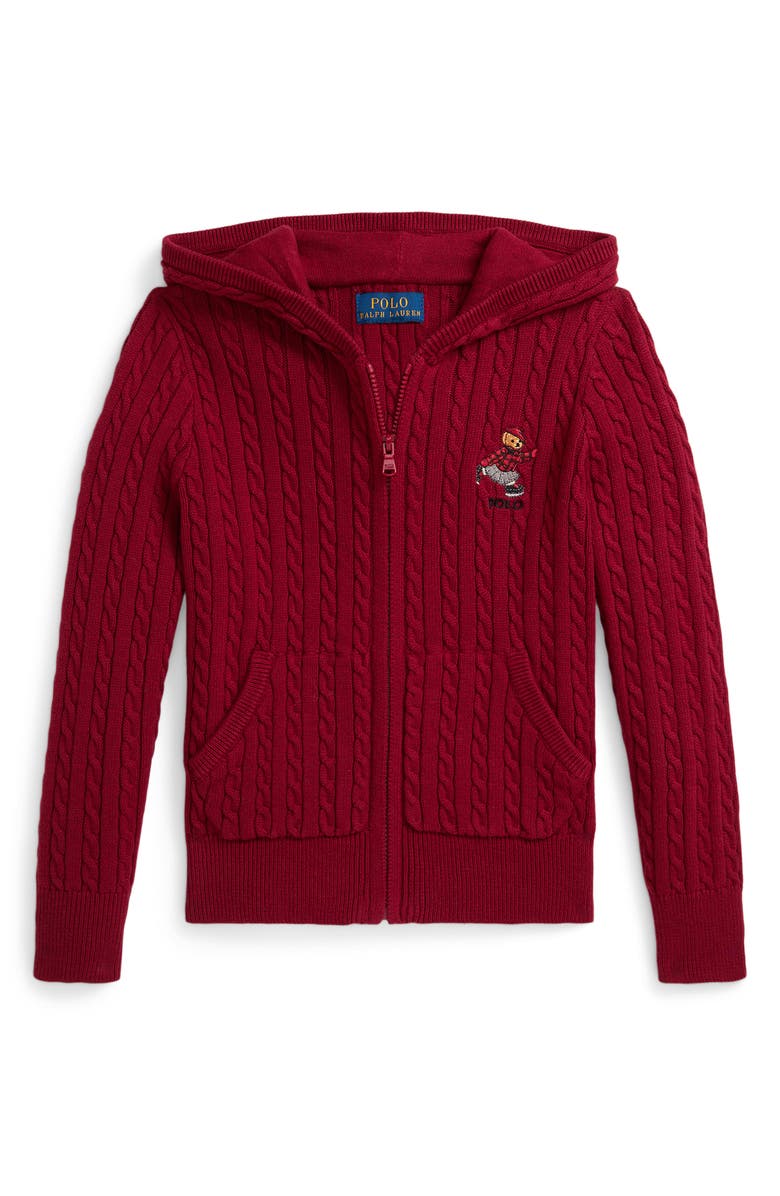 Polo Ralph Lauren Kids' Polo Bear Cable Zip Hoodie, Main, color, Holiday Red/ Bear
