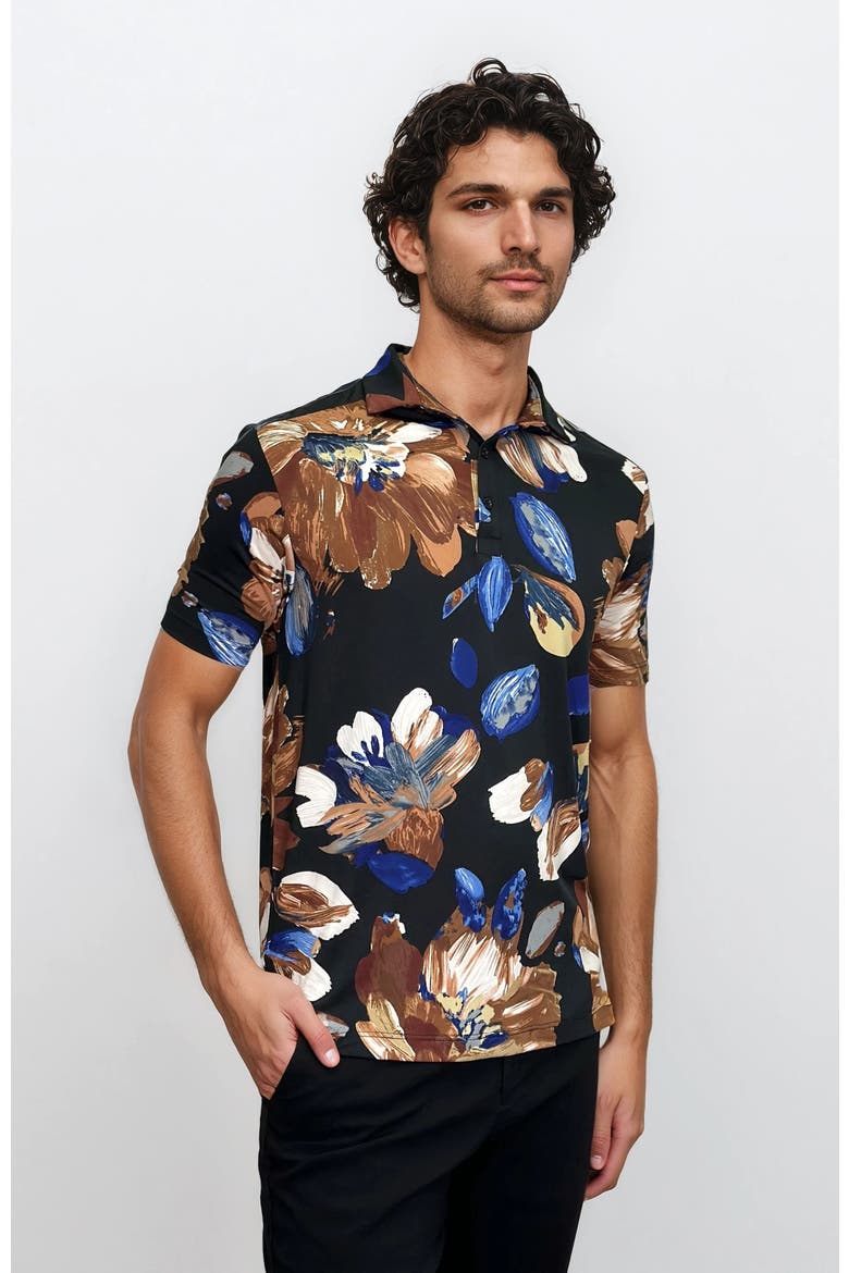 Wrinkle Resistant 3 Button Brown Floral Polo Shirt, Alternate, color, Blue Multi