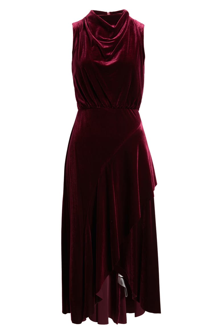 Cowl Neck High-Low Velvet Midi Dress, Alternate, color, WINE