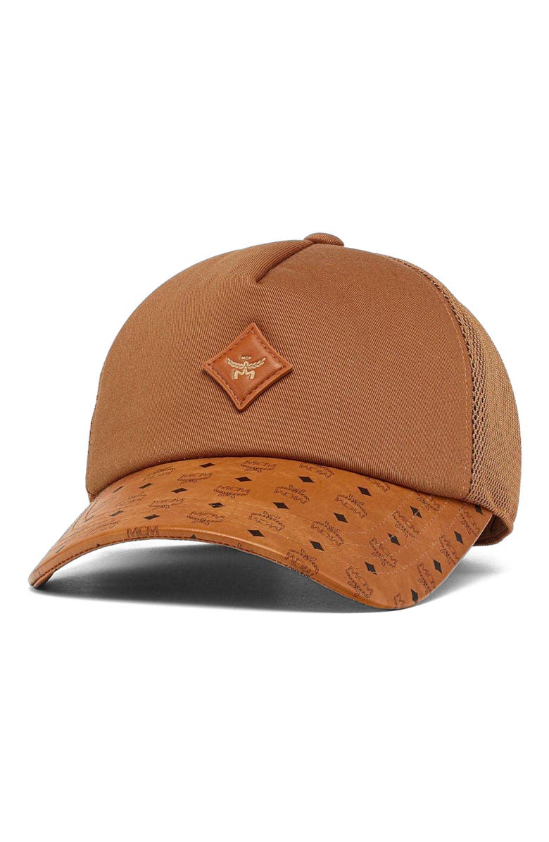 MCM Diamond Cap in Cotton and Monogram Print Leather, Main, color, Cognac