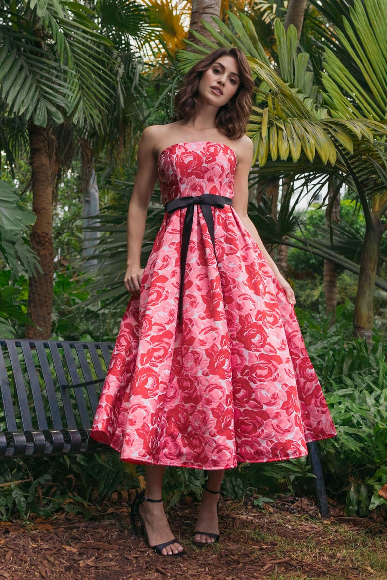 Brocade Strapless A Line Midi Dress With Satin Bow, Alternate, color, Red Multi