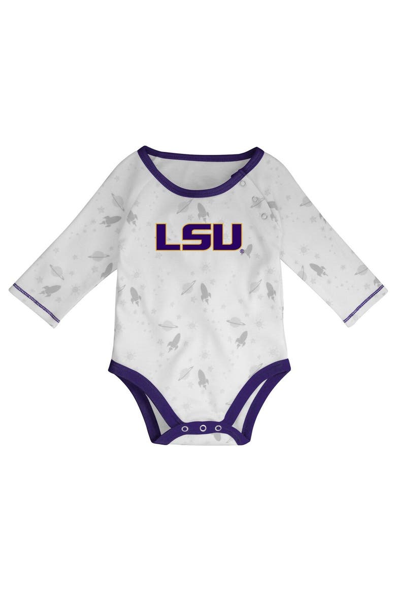 Newborn & Infant Purple/White LSU Tigers Dream Team Raglan Long Sleeve Bodysuit Hat & Pants Set, Alternate, color, Purple