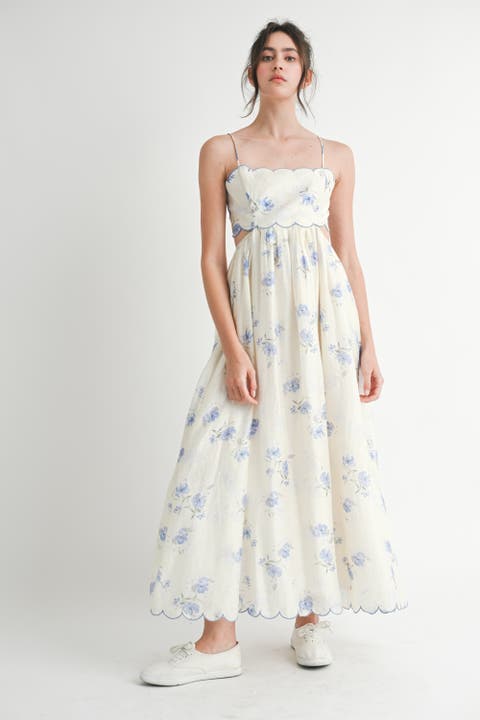 Floral Scallop Edge Back Cutout Maxi Dress