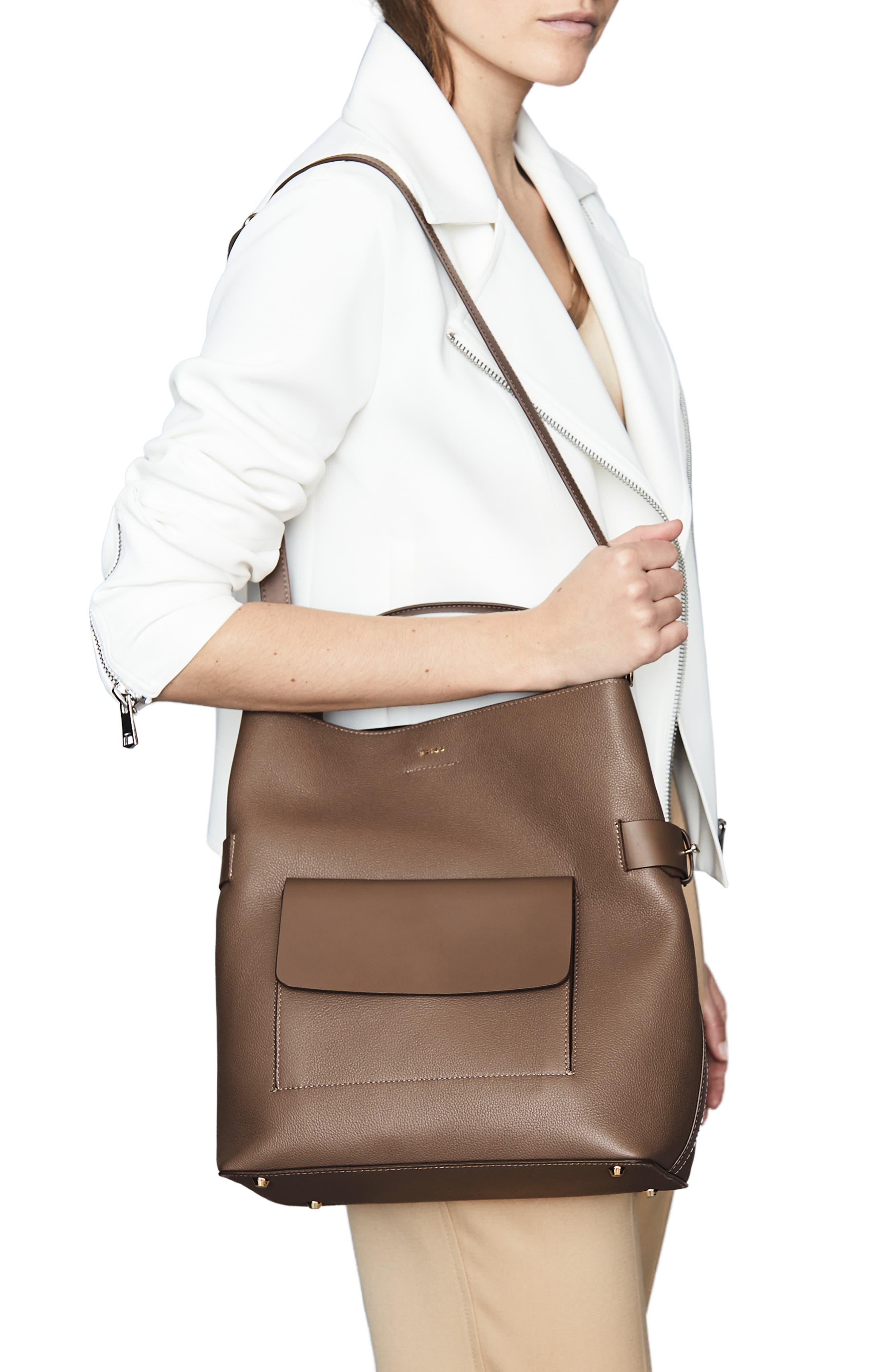 Freya Leather Bucket Bag, Alternate, color, MID GREY