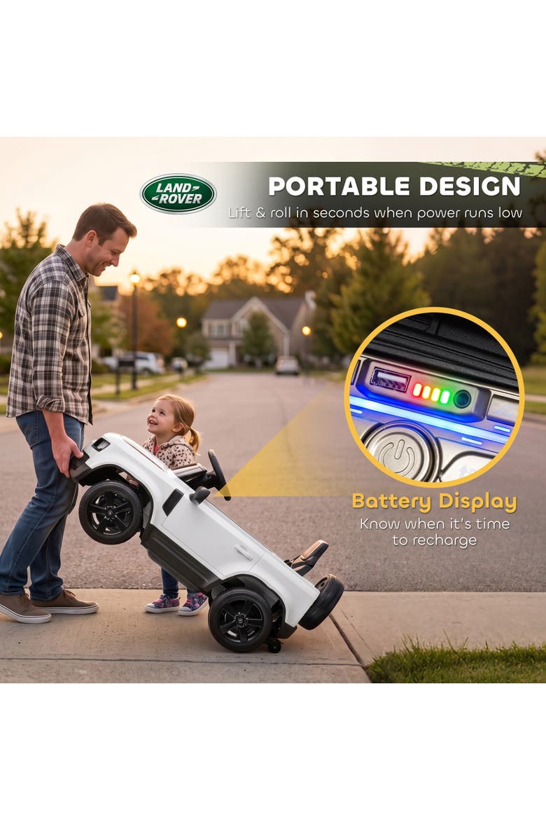 12V Land Rover Defender Ride-On Car, Remote Control, Green, Alternate, color, White