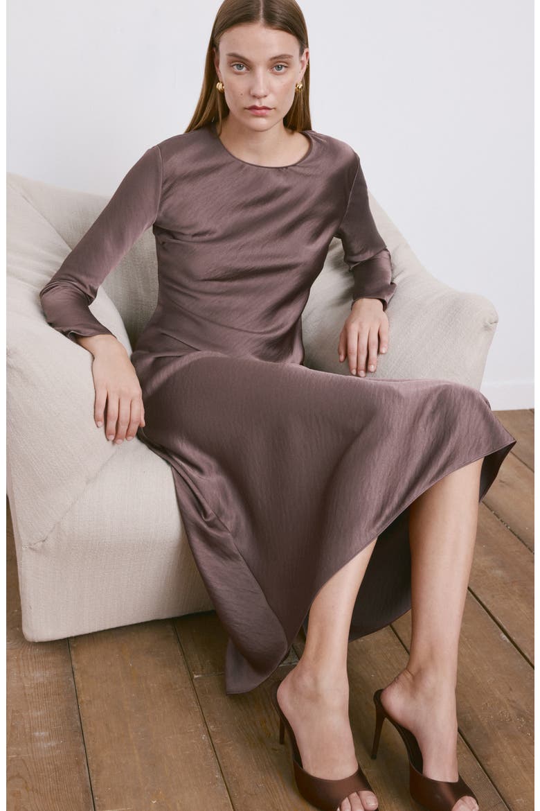 Long Sleeve Textured Satin Midi Dress, Alternate, color, LIGHT/ PASTEL PURPLE