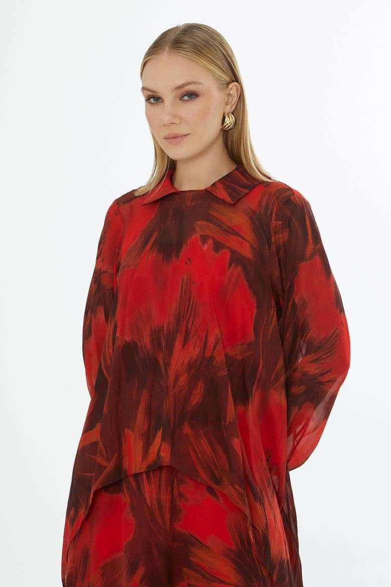 Collared Patterned Relaxed-Fit Blouse with Inner Camisole, Alternate, color, Red