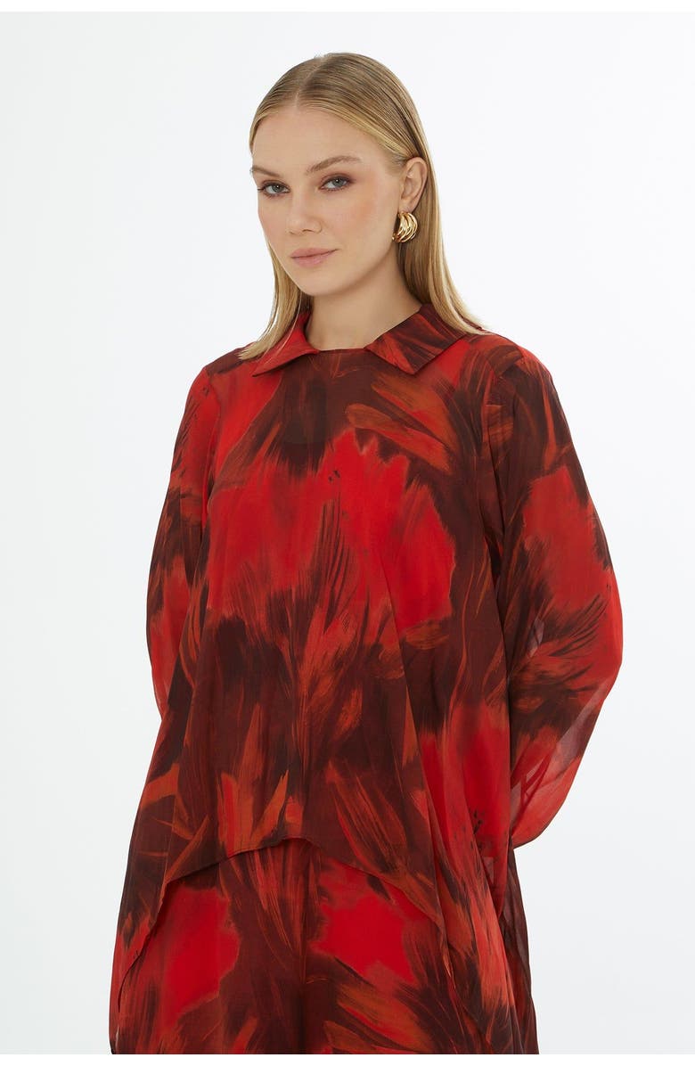 Gizia Collared Patterned Relaxed-Fit Blouse with Inner Camisole, Alternate, color, Red