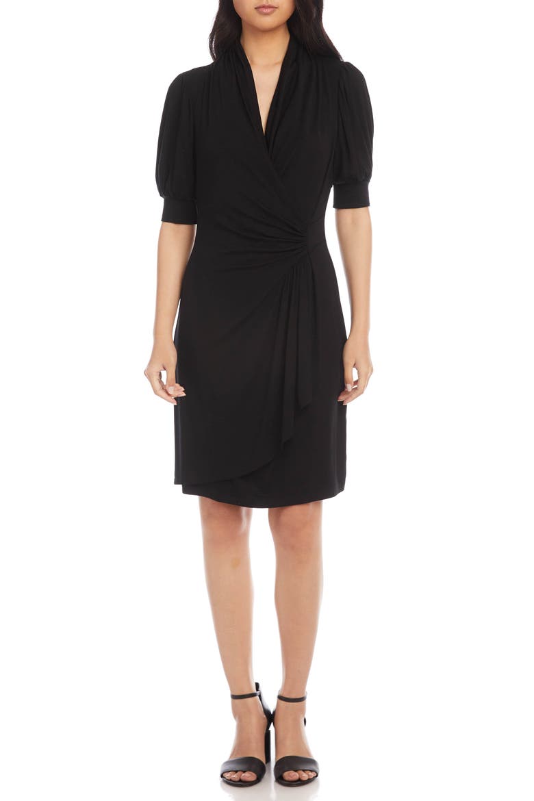 Puff Sleeve Jersey Faux Wrap Dress, Main, color, BLACK