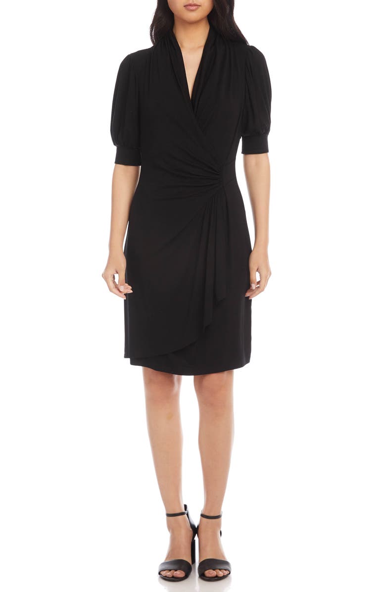Karen Kane Puff Sleeve Jersey Faux Wrap Dress, Main, color, Black