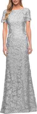 La Femme Beautiful Lace Mother of the Bride Dress with Short Sleeves