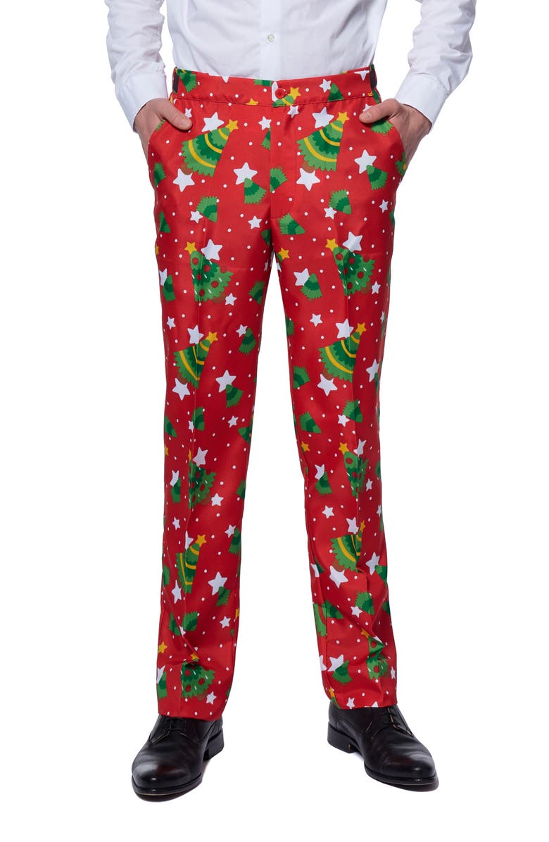 OppoSuits Christmas Trees & Stars Trim Fit Suit & Tie, Alternate, color, Red