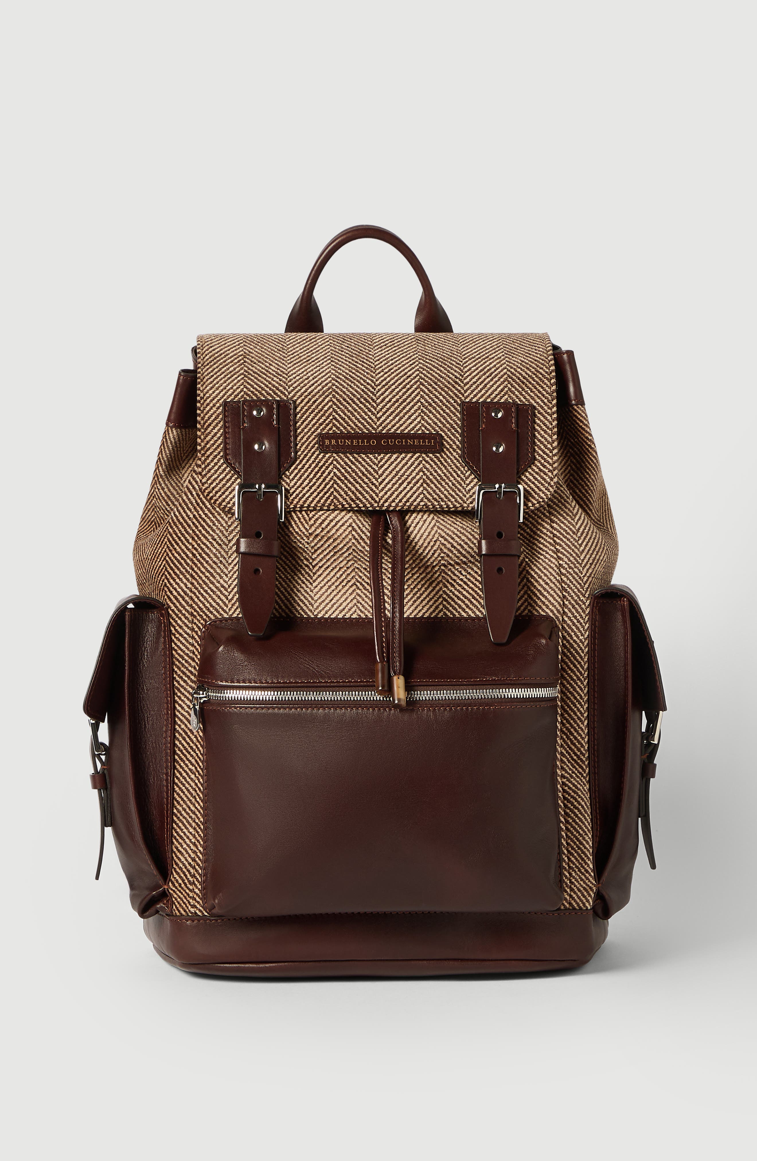 Burnished calfskin and chevron-effect techno fabric city backpack, Main, color, Brown