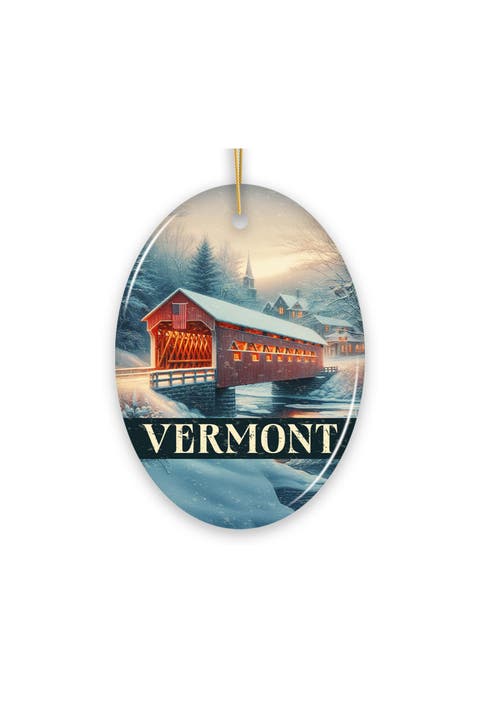 Vermont Snowy Covered Bridge Ceramic Ornament